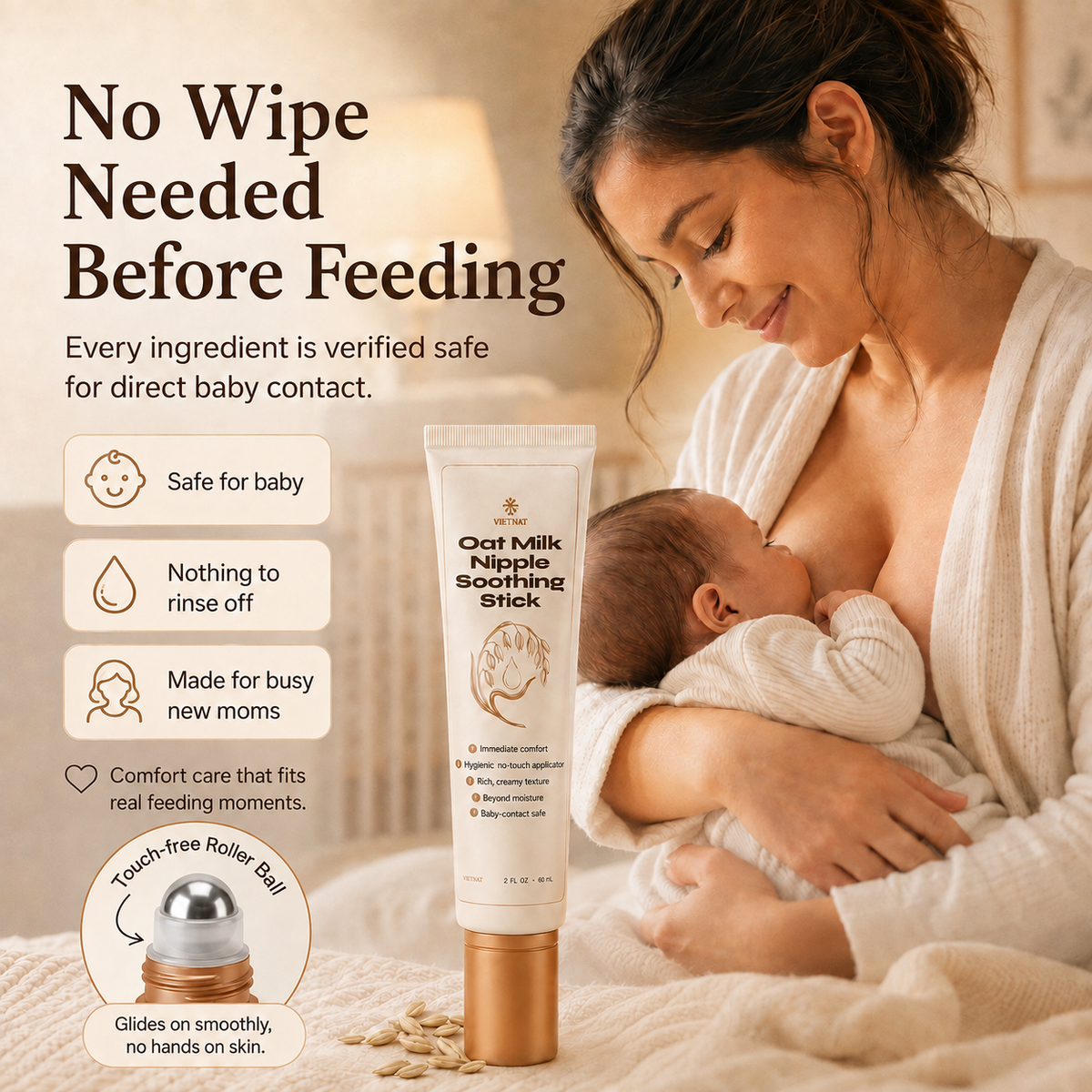VIETNAT Oat Milk Nipple Soothing Stick with  Colloidal Oatmeal & Ceramides, No Wipe Needed, Safe for Baby | 2 Fl Oz