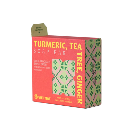 VIETNAT Turmeric Tea Tree Ginger Body Soap Bar 4.2 oz (120g) - Exfoliating Detox Cleanse for Back & Chest - Refreshing Lather - Cold Process Handmade