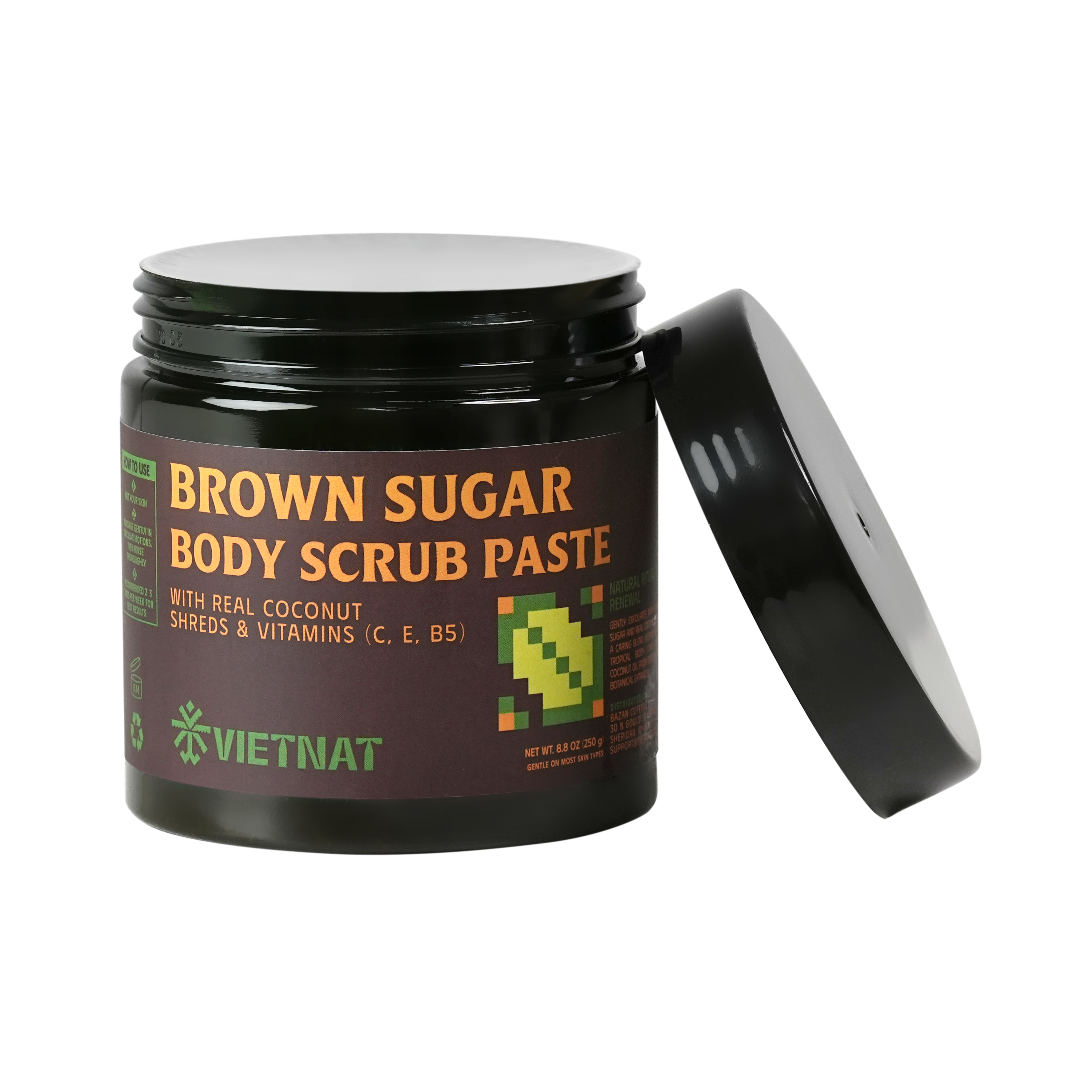 VIETNAT Brown Sugar Body Scrub 8.8 oz (250g) - Exfoliating Scrub with Coconut Shreds & Vitamins C, E & B5 - Smooths Rough Texture for Softer-Looking Skin - Clean-Rinse Paste