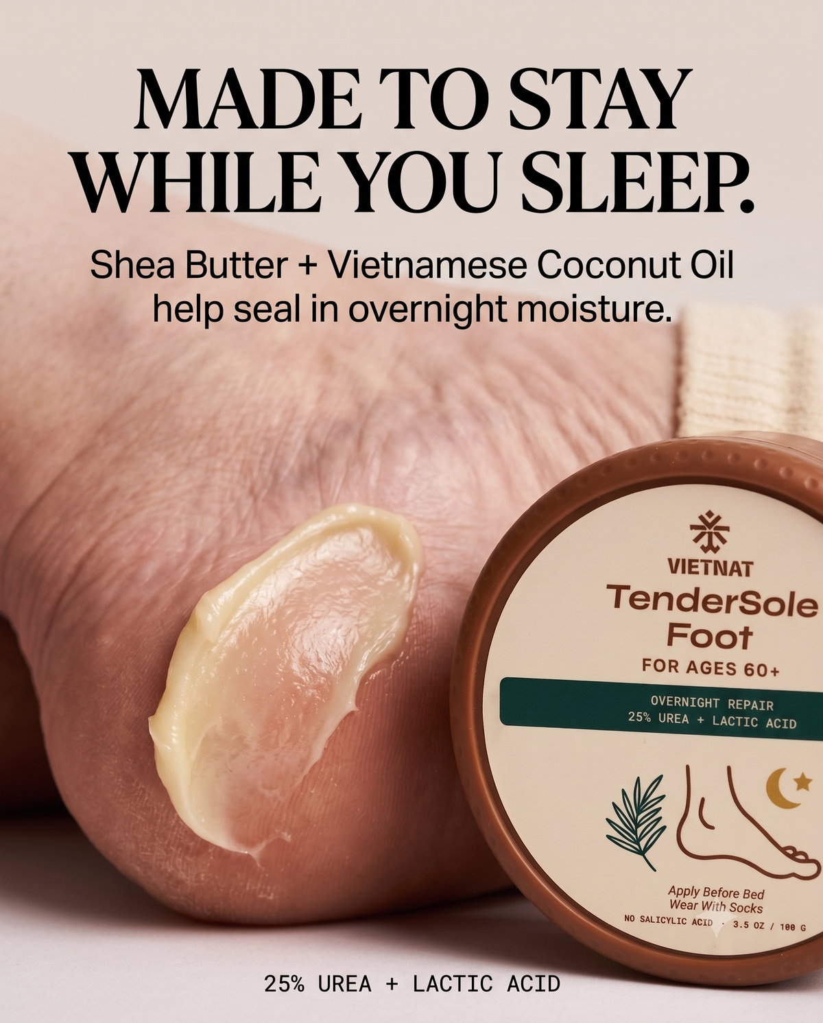 VIETNAT TenderSole Overnight Repair Balm for Ages 60+| For heavily dry and cracked-looking heels with Urea + Lactic Acid + Shea Butter + Vietnamese Coconut Oil| 3.5 OZ / 100 G