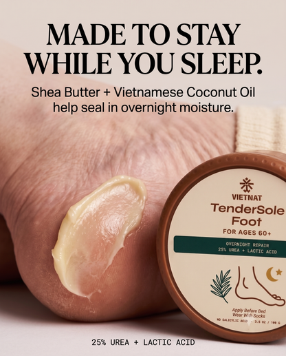 VIETNAT TenderSole Overnight Repair Balm for Ages 60+| For heavily dry and cracked-looking heels with Urea + Lactic Acid + Shea Butter + Vietnamese Coconut Oil| 3.5 OZ / 100 G