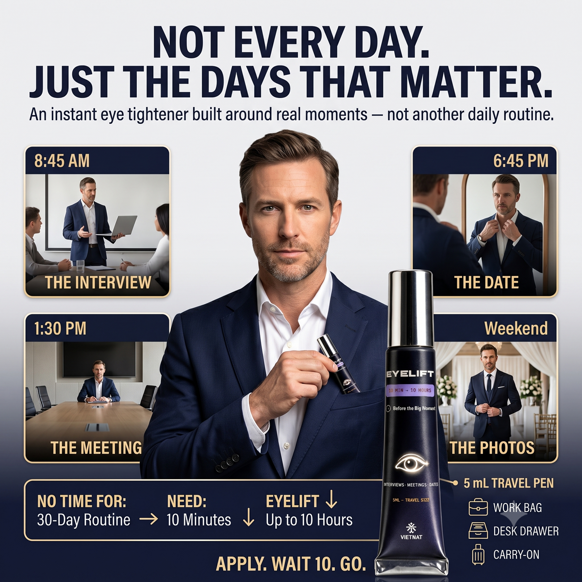 VIETNAT EyeLift Eye Tightening Serum for Men | Visibly Tighter, Less Puffy Under-Eyes in 10 Minutes, Lasts Up to 10 Hours | Travel-Size 5 ML Tube for Interviews, Meetings & Dates