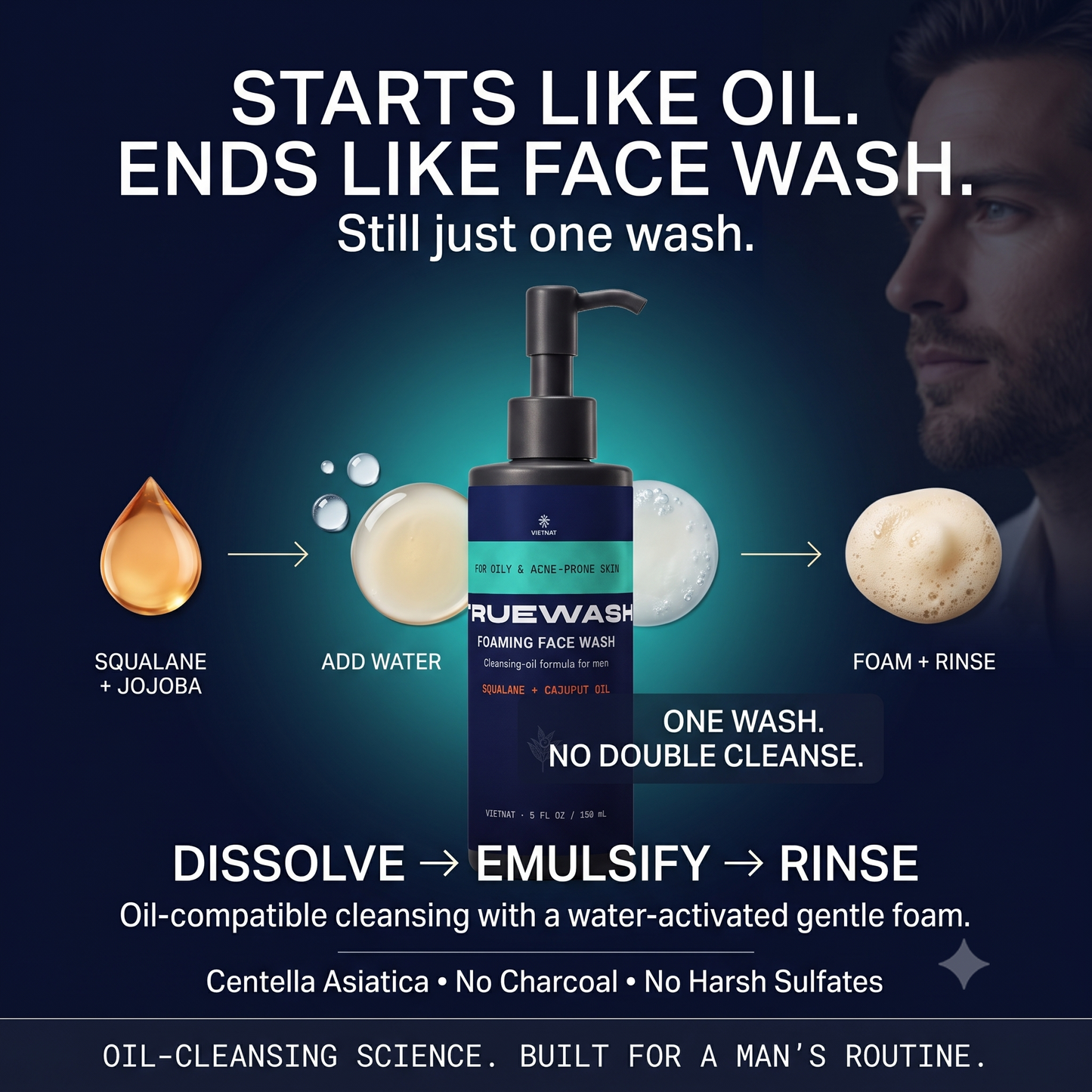 VIETNAT TrueWash Foaming Face Wash for Men — Cleansing Oil Cleanser for Oily & Acne-Prone Skin, Squalane + Cajuput Oil, 5 fl oz