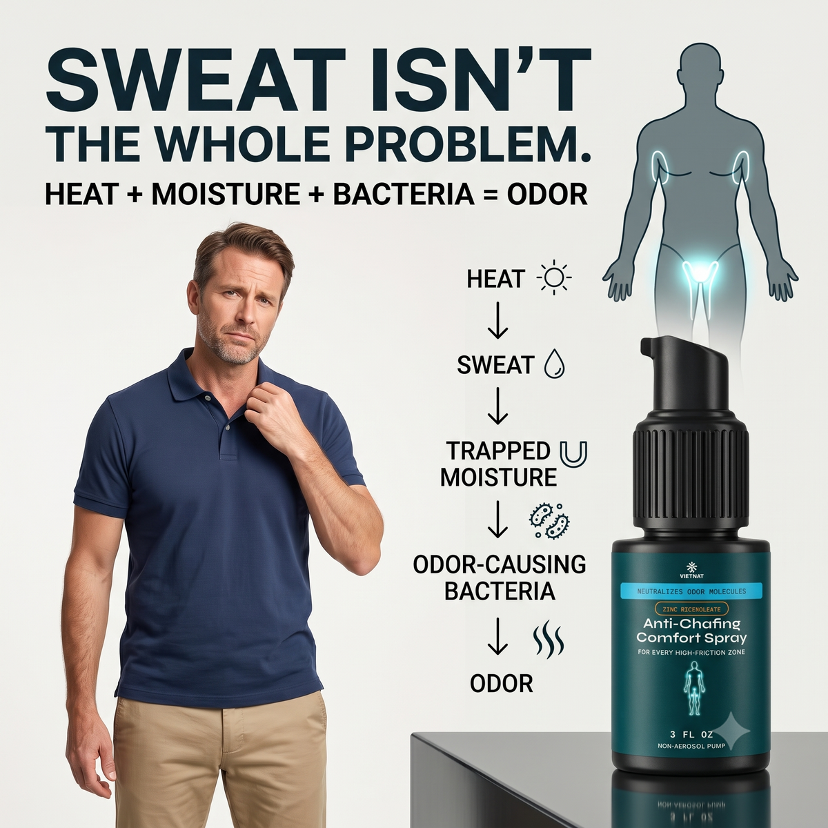 VIETNAT Anti-Chafing and Odor Comfort Spray | For Groin, Thighs, Underarms & Under-Chest | Neutralizes Odor Molecules with Zinc Ricinoleate + Vietnamese Cajuput | Talc-Free Non-Aerosol Powder Spray, 3 FL OZ