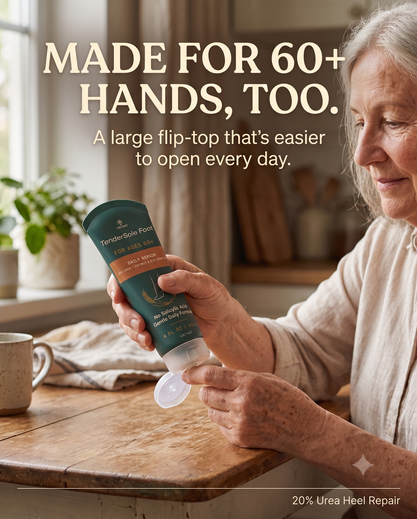 VIETNAT TenderSole Daily Repair Cream for Ages 60+| For dry, rough, thickened heels with Urea + Vietnamese Coconut Oil & Rice Bran Oil| 4 FL OZ / 113 G