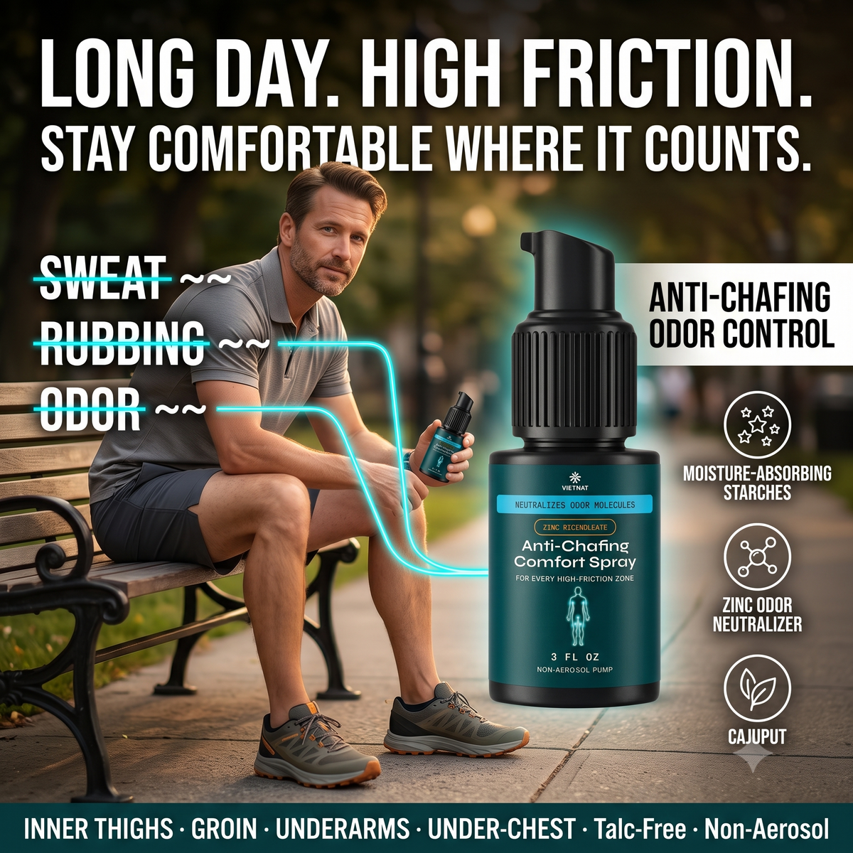VIETNAT Anti-Chafing and Odor Comfort Spray | For Groin, Thighs, Underarms & Under-Chest | Neutralizes Odor Molecules with Zinc Ricinoleate + Vietnamese Cajuput | Talc-Free Non-Aerosol Powder Spray, 3 FL OZ
