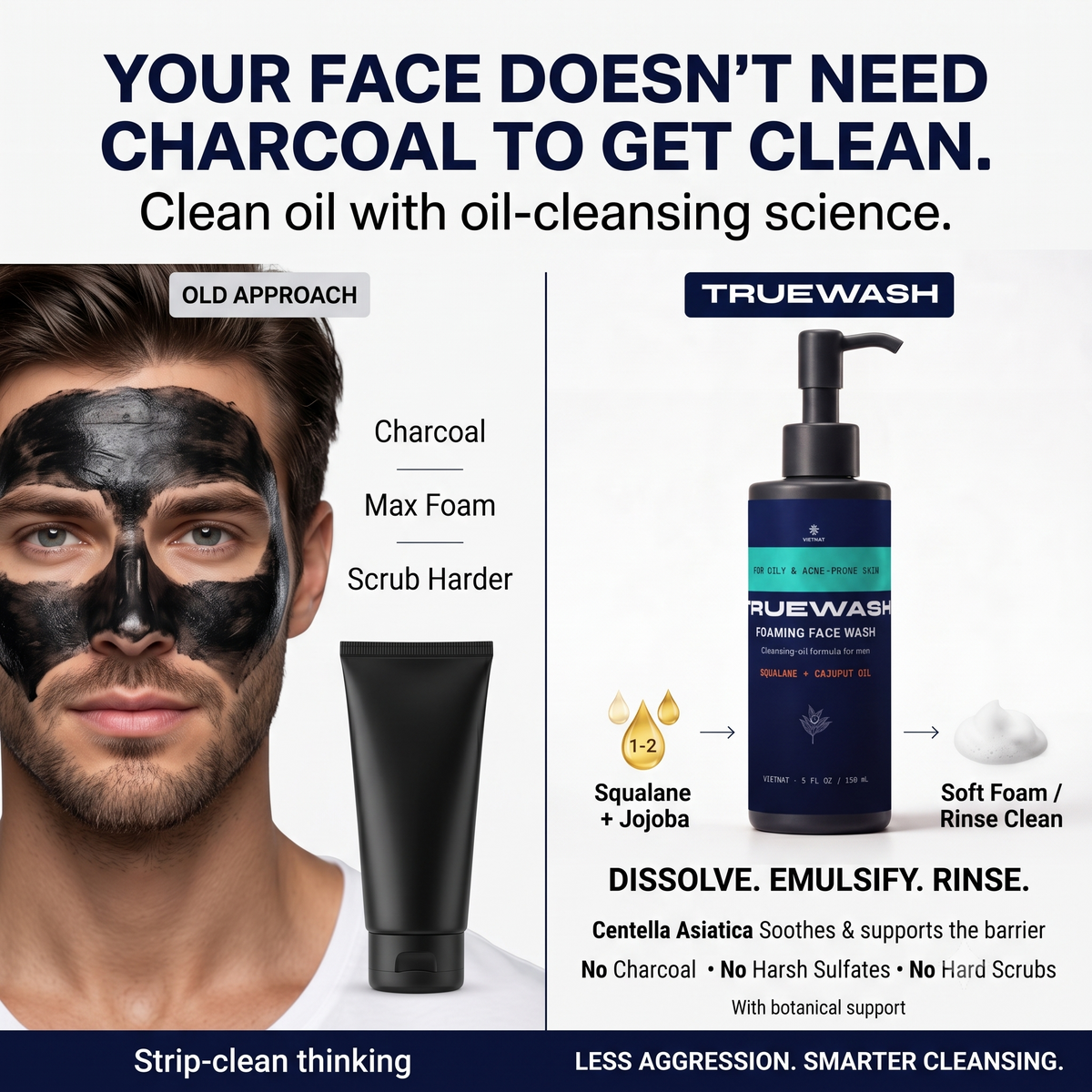 VIETNAT TrueWash Foaming Face Wash for Men — Cleansing Oil Cleanser for Oily & Acne-Prone Skin, Squalane + Cajuput Oil, 5 fl oz