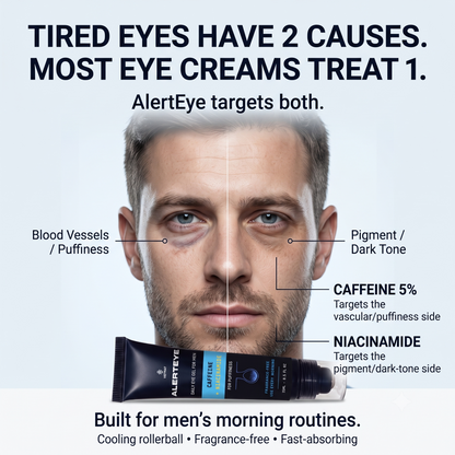 Tired eyes have two causes: blood vessels and pigment. AlertEye targets both.
