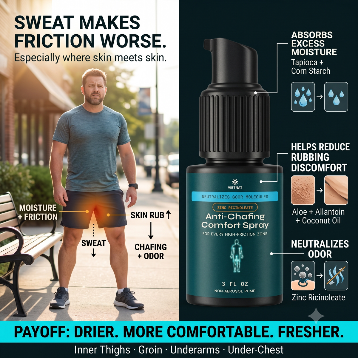 VIETNAT Anti-Chafing and Odor Comfort Spray | For Groin, Thighs, Underarms & Under-Chest | Neutralizes Odor Molecules with Zinc Ricinoleate + Vietnamese Cajuput | Talc-Free Non-Aerosol Powder Spray, 3 FL OZ