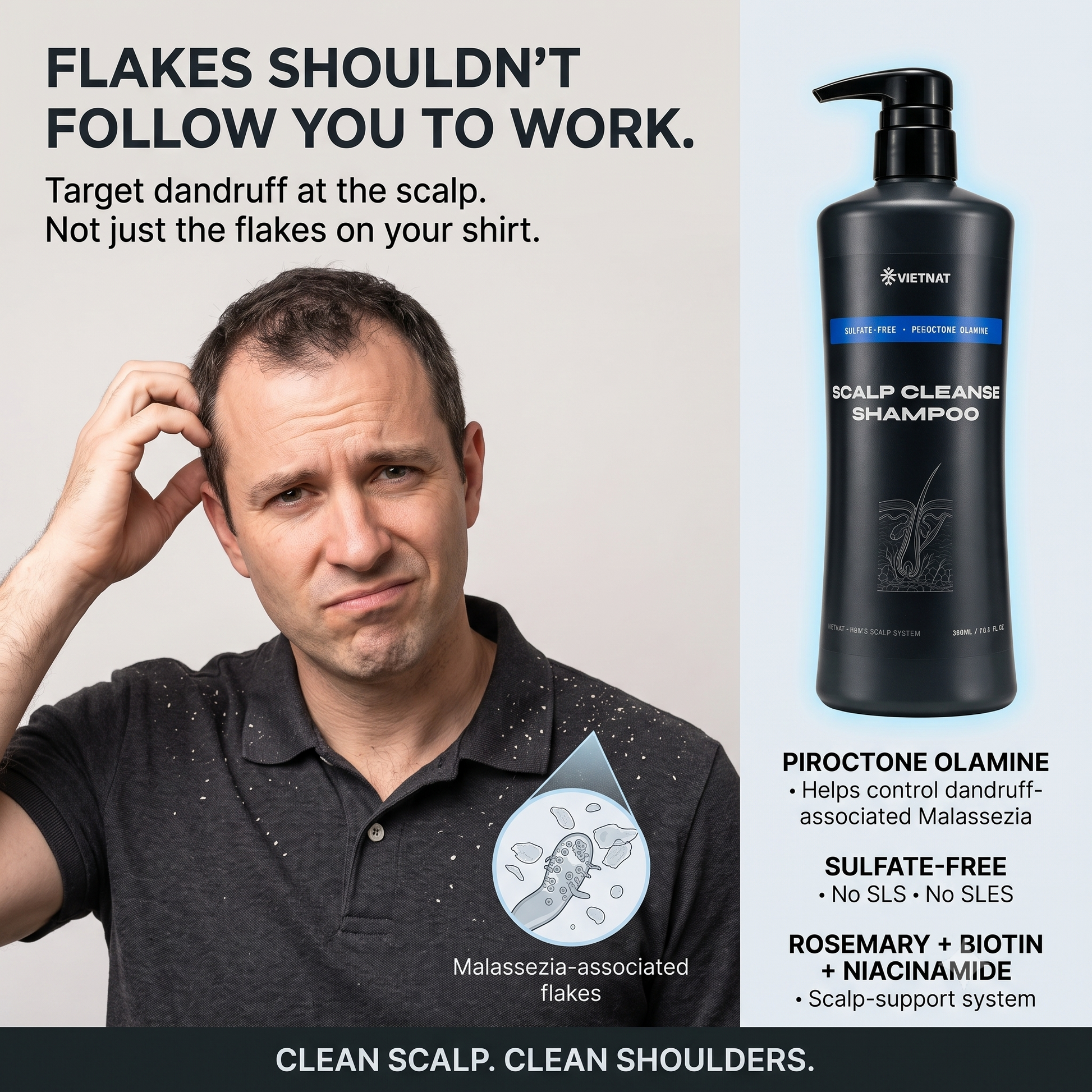 A hand holding the sulfate-free scalp shampoo bottle in a dark bathroom
