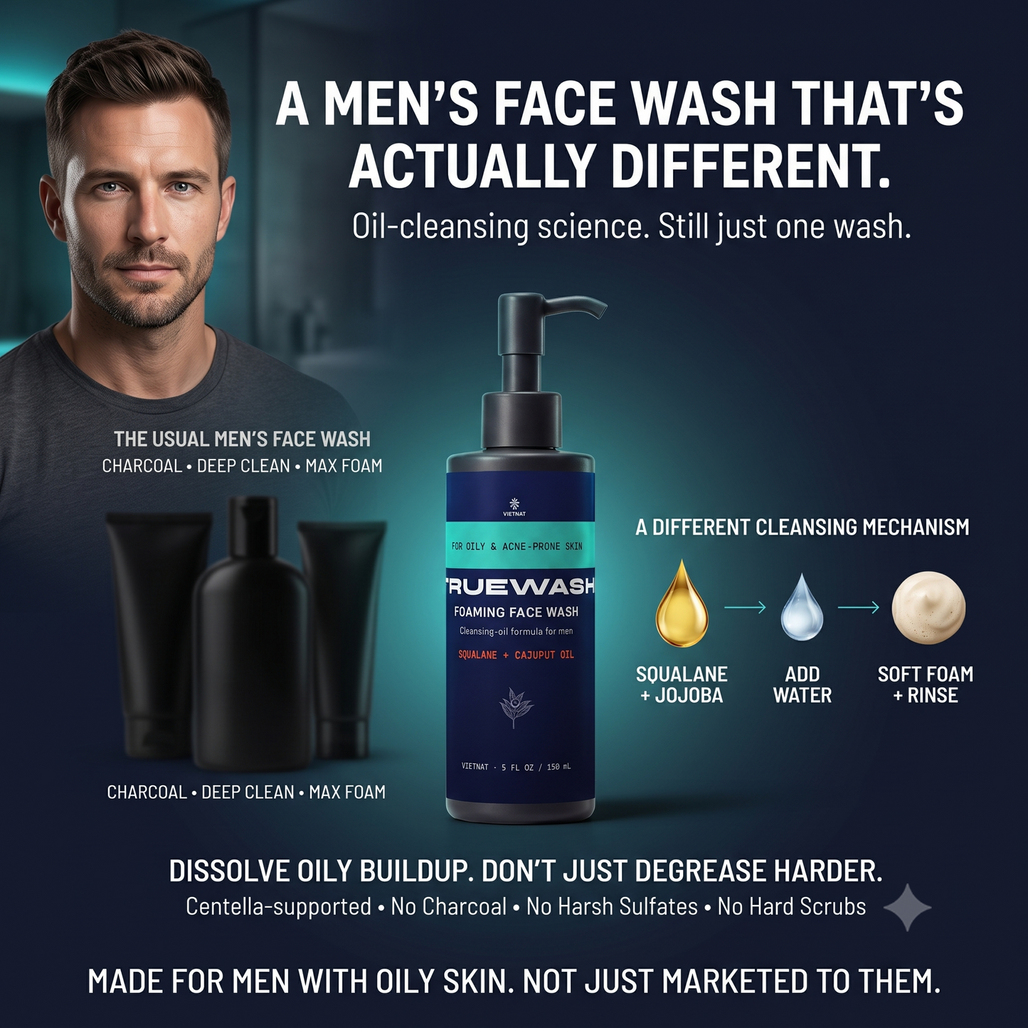 VIETNAT TrueWash Foaming Face Wash for Men — Cleansing Oil Cleanser for Oily & Acne-Prone Skin, Squalane + Cajuput Oil, 5 fl oz