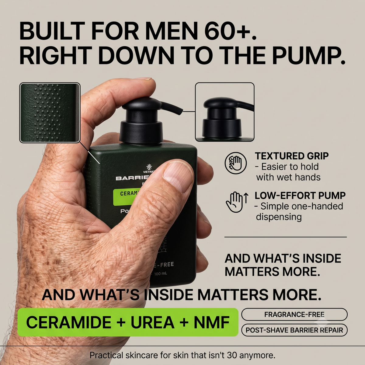 VIETNAT BarrierGlide Post-Shave Balm for Men 60+ — Ceramide + Urea + NMF Barrier Repair | Fragrance-Free, No Alcohol | Mature & Sensitive Skin, 3.3 Fl Oz (100 ml)