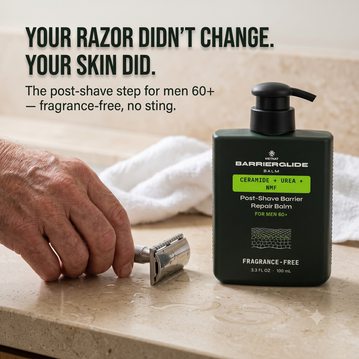 VIETNAT BarrierGlide Post-Shave Balm for Men 60+ — Ceramide + Urea + NMF Barrier Repair | Fragrance-Free, No Alcohol | Mature & Sensitive Skin, 3.3 Fl Oz (100 ml)