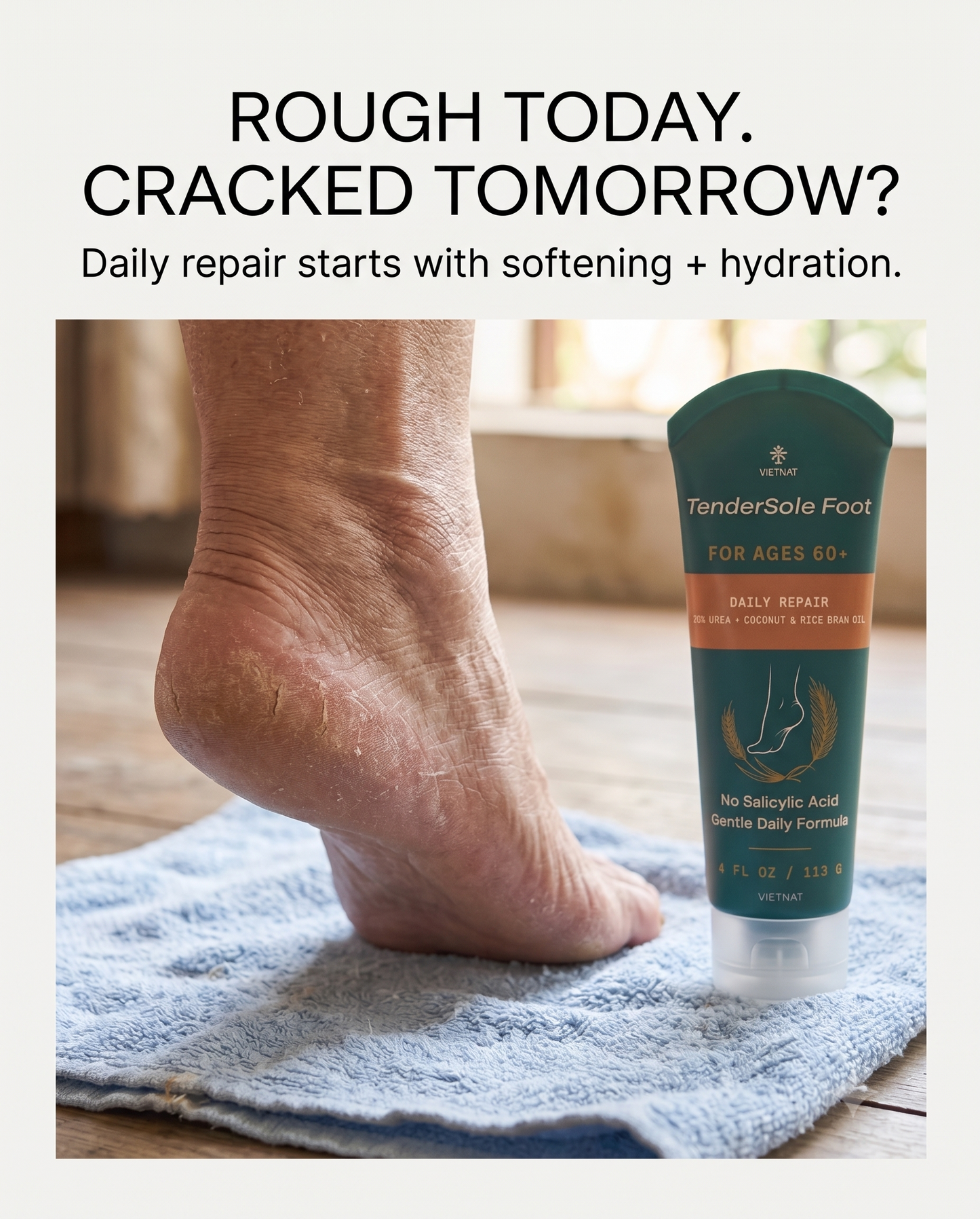 VIETNAT TenderSole Daily Repair Cream for Ages 60+| For dry, rough, thickened heels with Urea + Vietnamese Coconut Oil & Rice Bran Oil| 4 FL OZ / 113 G