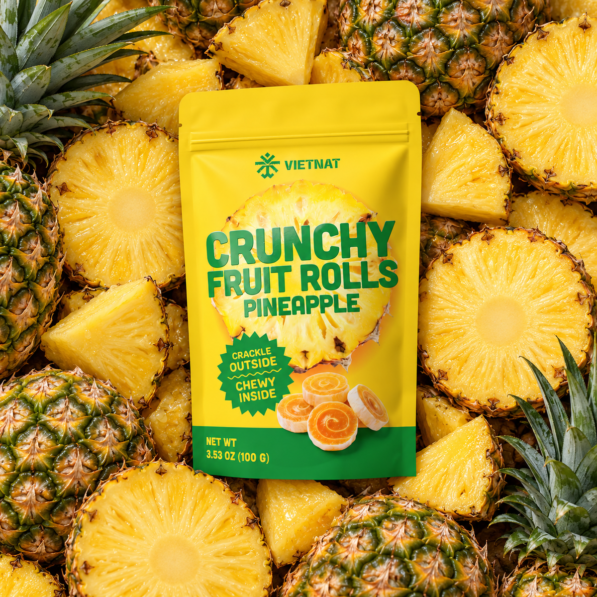 VietNat Crunchy Pineapple Fruit Rolls on ripe pineapple