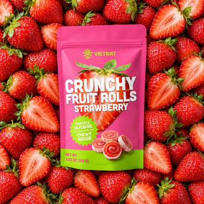 VietNat Crunchy Strawberry Fruit Rolls on ripe strawberries