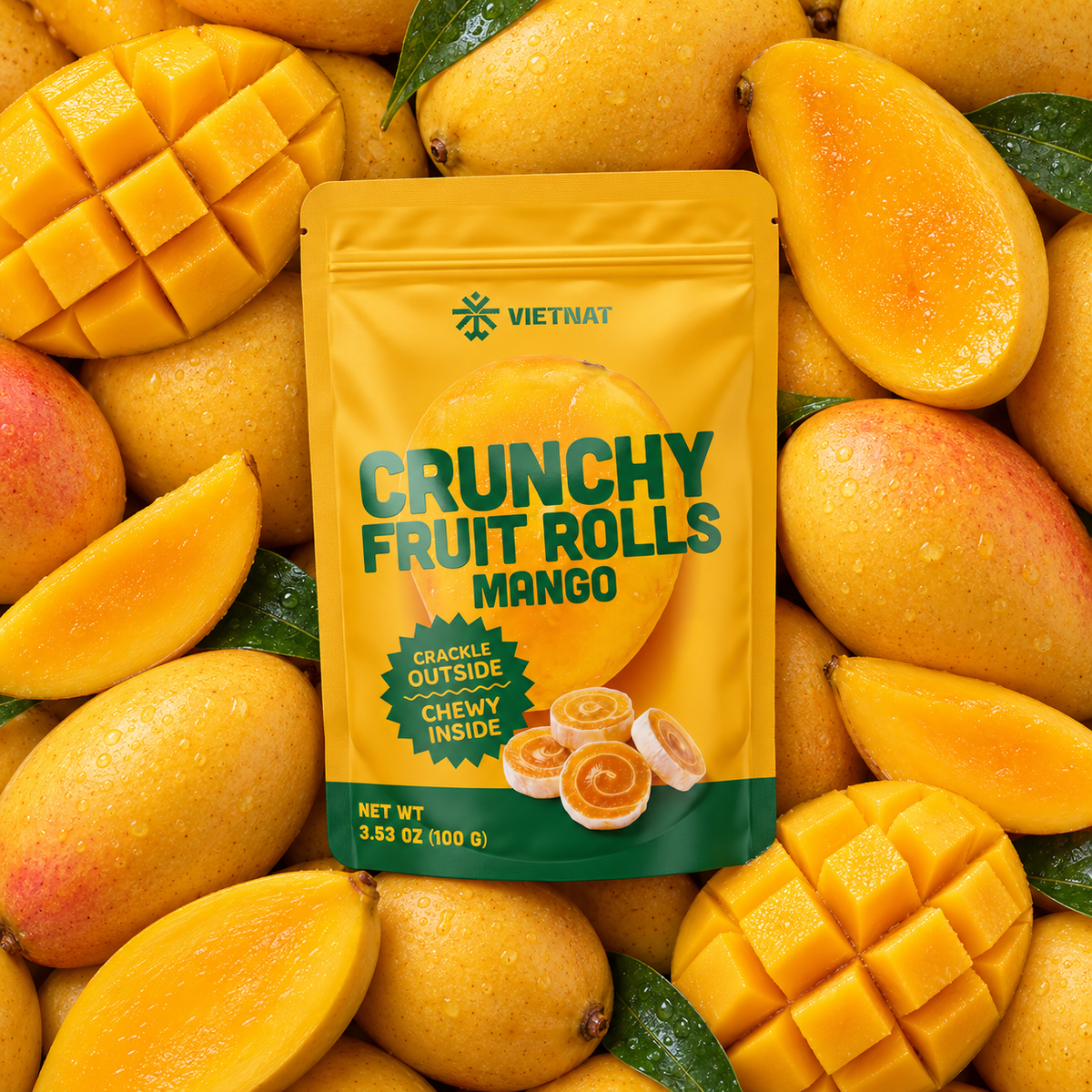 VietNat Crunchy Mango Fruit Rolls on ripe mangoes