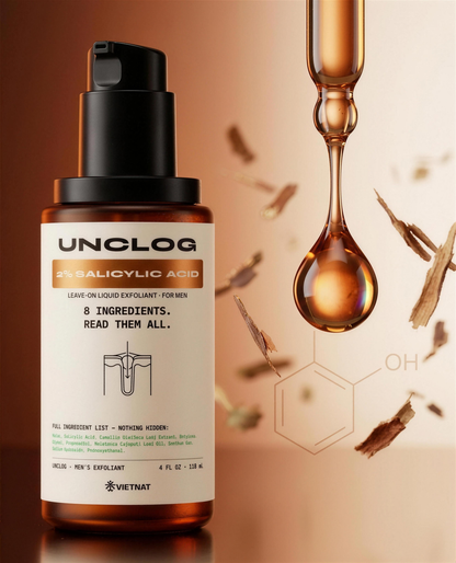 VIETNAT UNCLOG Men's 2% Salicylic Acid Liquid Exfoliant | Daily Pore Treatment for Men, Oil Control & Acne-Prone Skin, 4 Fl Oz