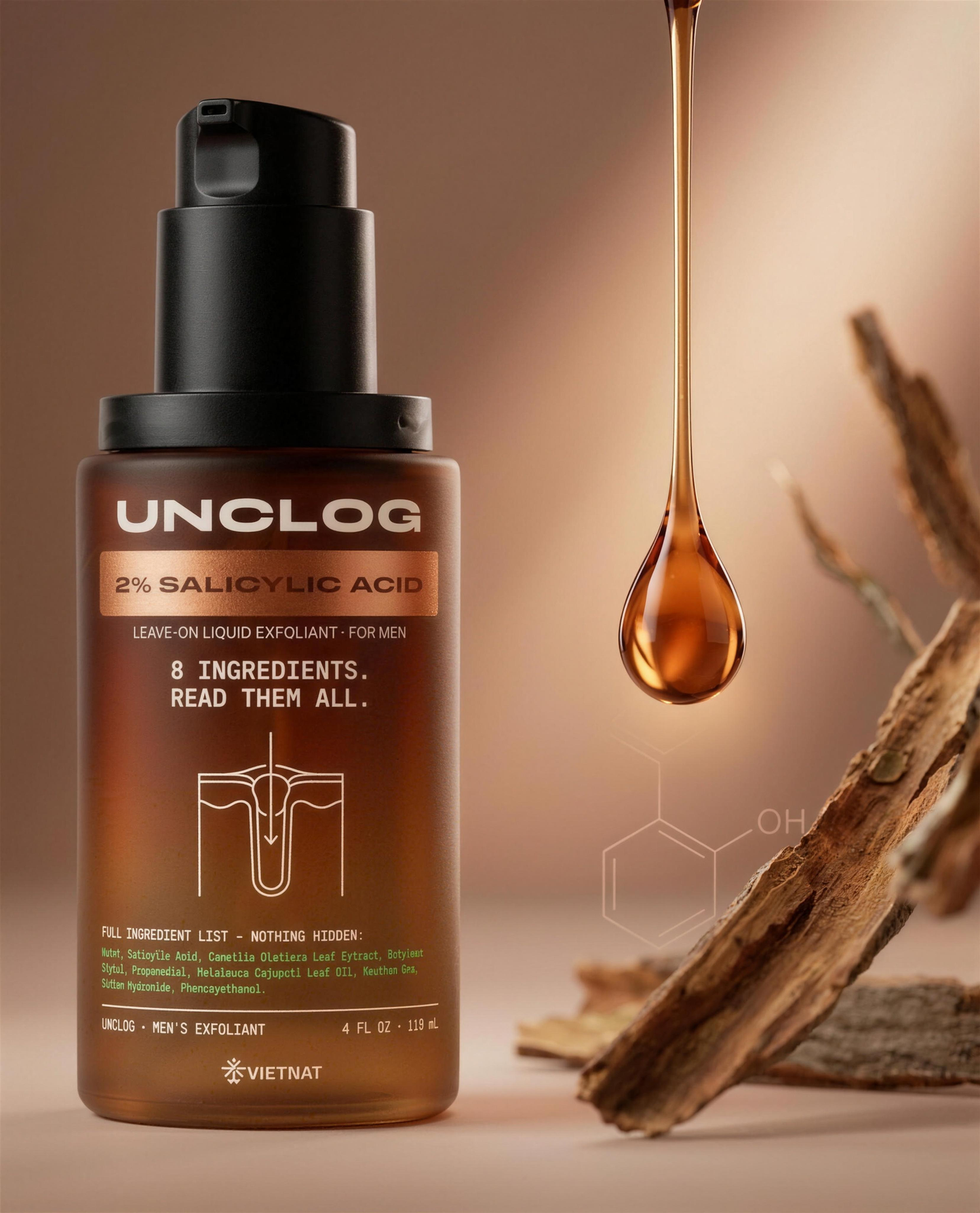 VIETNAT UNCLOG Men's 2% Salicylic Acid Liquid Exfoliant | Daily Pore Treatment for Men, Oil Control & Acne-Prone Skin, 4 Fl Oz