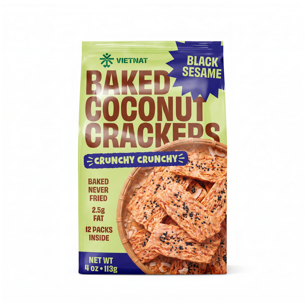 VietNat Baked Coconut Crackers Black Sesame 4 oz stand-up bag, front view