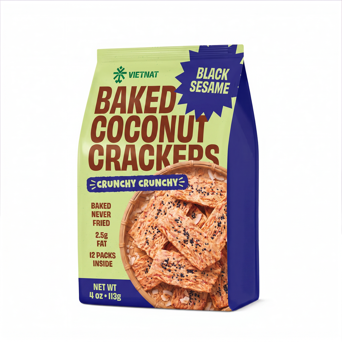 VietNat Baked Coconut Crackers Black Sesame 4 oz bag, angled view