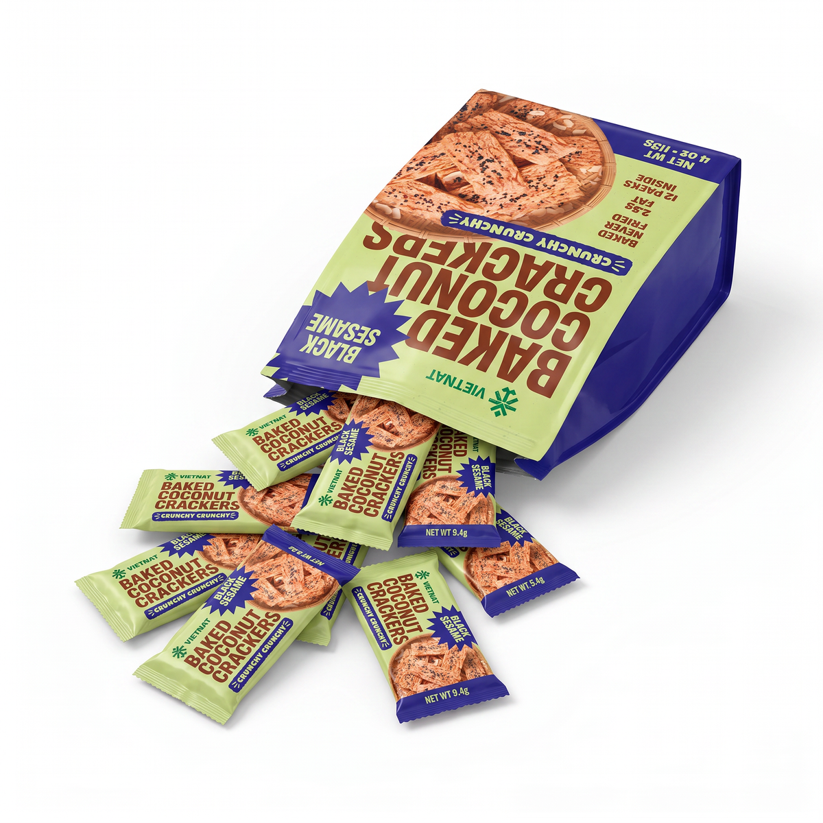 Twelve individually wrapped snack packs spilling from the Black Sesame box