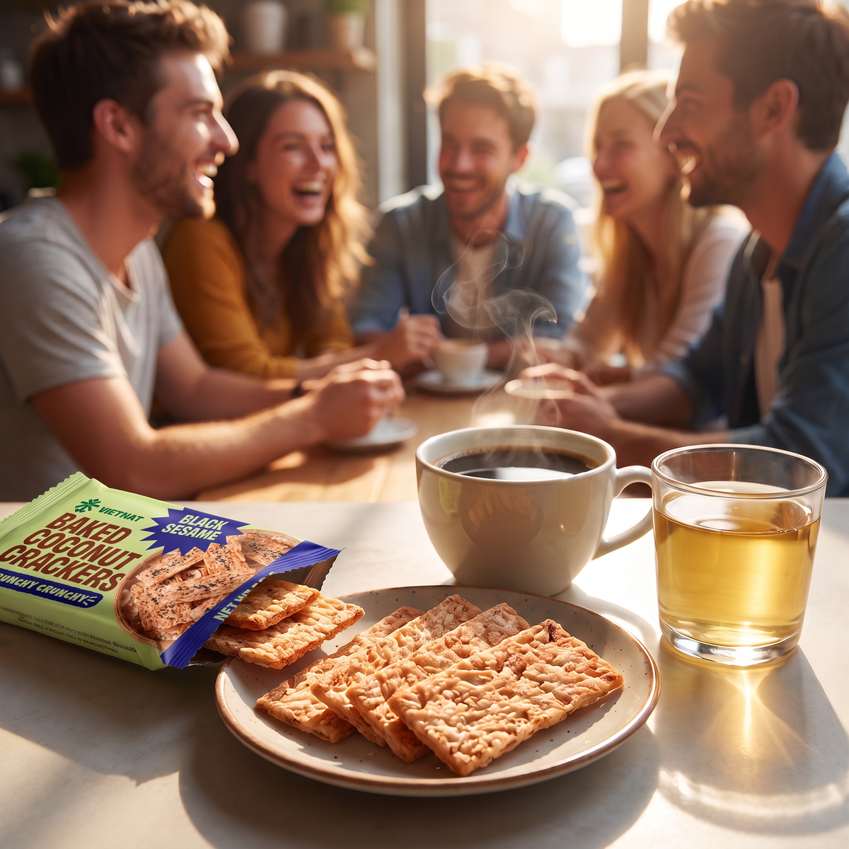 Friends sharing VietNat Baked Coconut Crackers with coffee and tea
