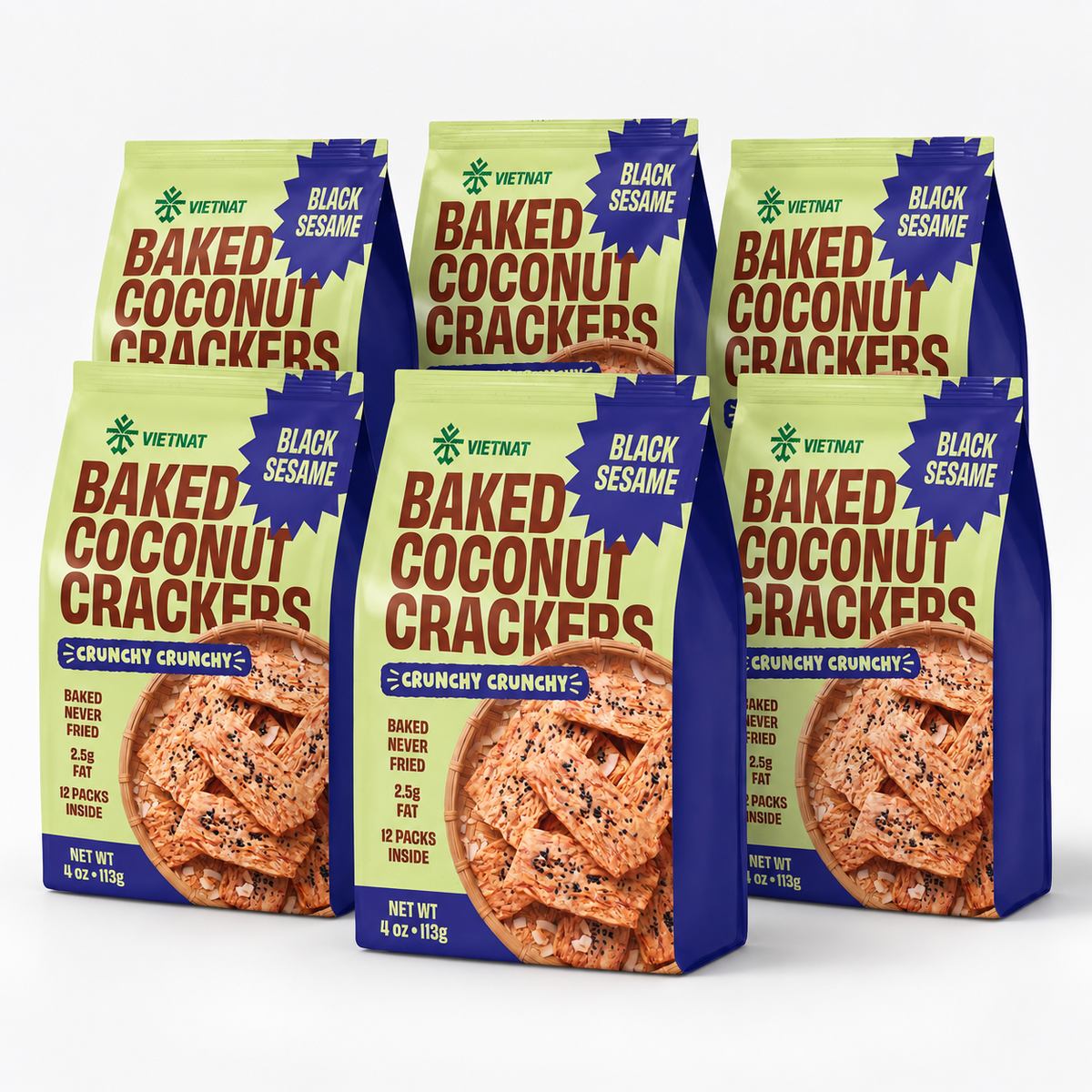 VietNat Baked Coconut Crackers Black Sesame, 6-bag bundle, 24 oz total
