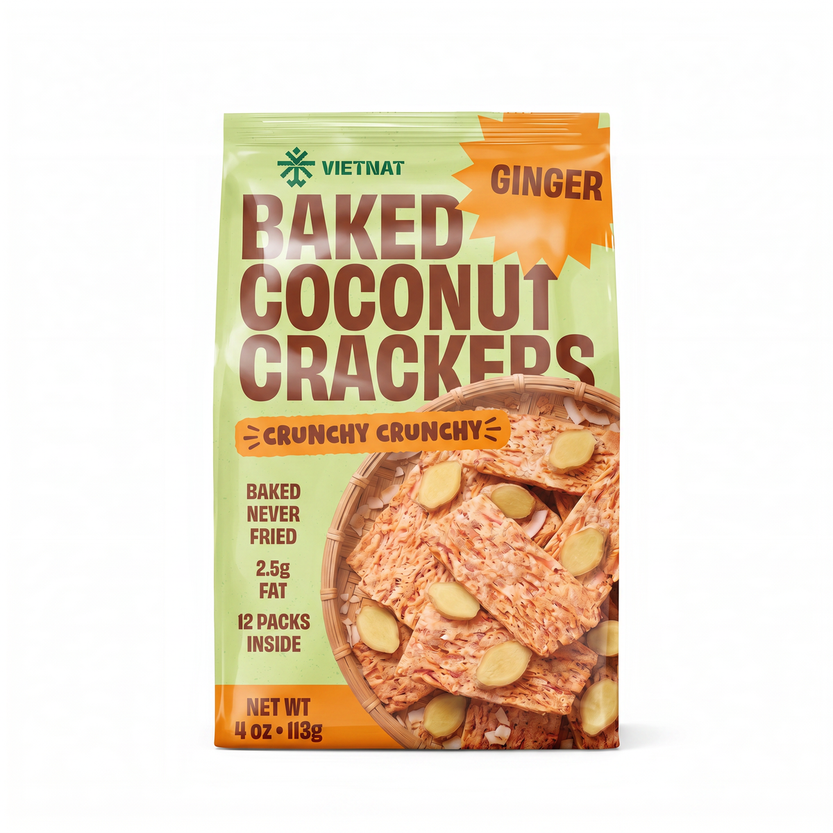 VietNat Baked Coconut Crackers Ginger 4 oz stand-up bag, front view