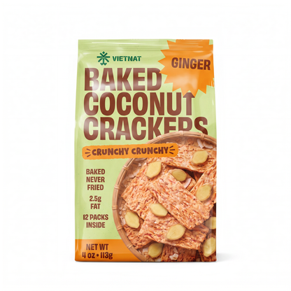 VietNat Baked Coconut Crackers Ginger 4 oz stand-up bag, front view