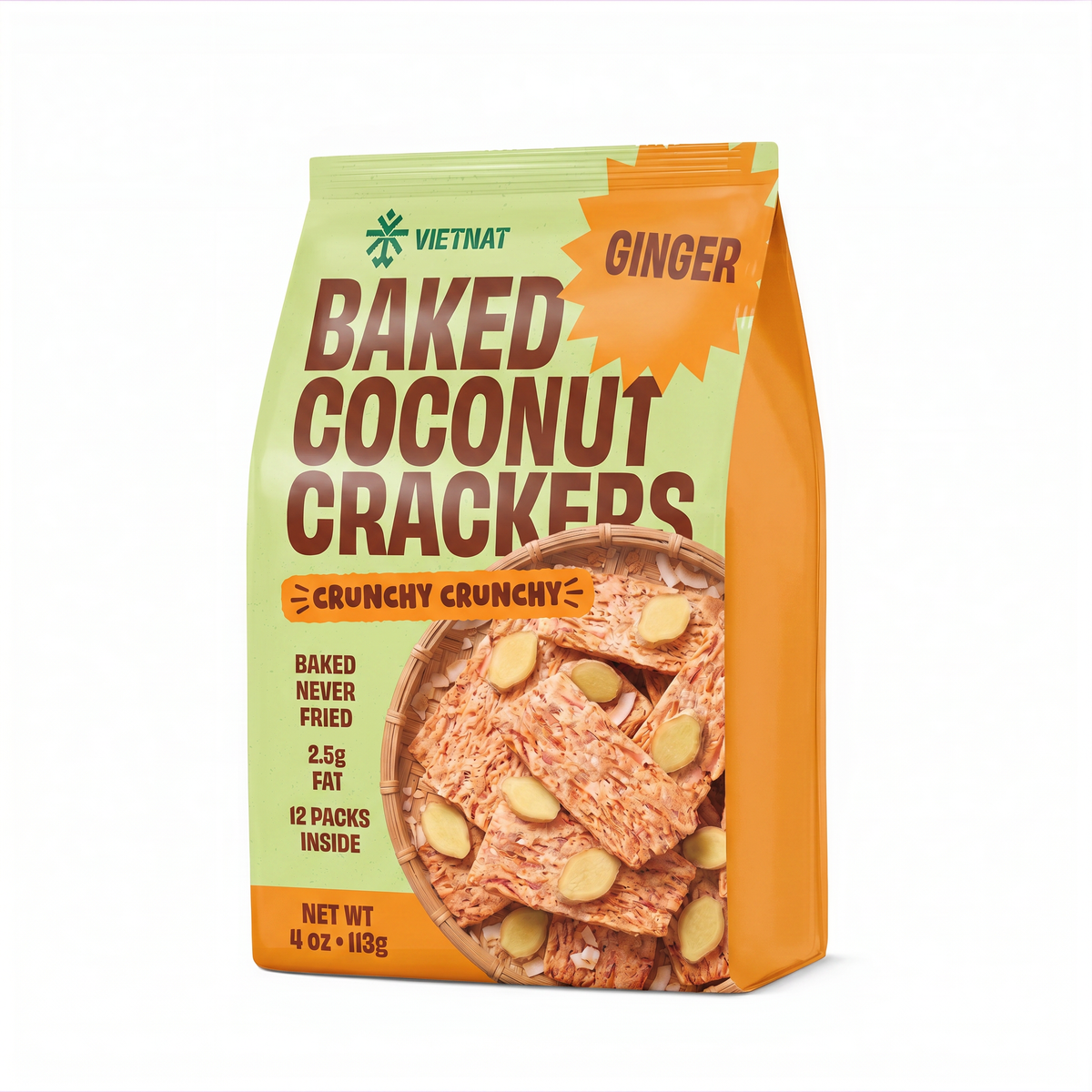 VietNat Baked Coconut Crackers Ginger 4 oz bag, angled view