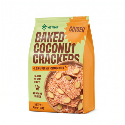 VietNat Baked Coconut Crackers Ginger 4 oz bag, angled view