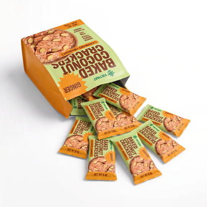 Twelve individually wrapped snack packs spilling from the Ginger box