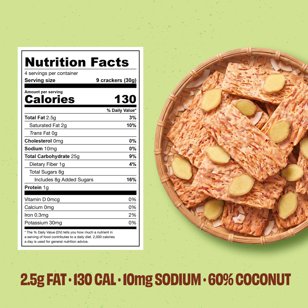 Nutrition facts for VietNat Baked Coconut Crackers Ginger: 130 calories, 2.5g fat, 10mg sodium, 60% coconut