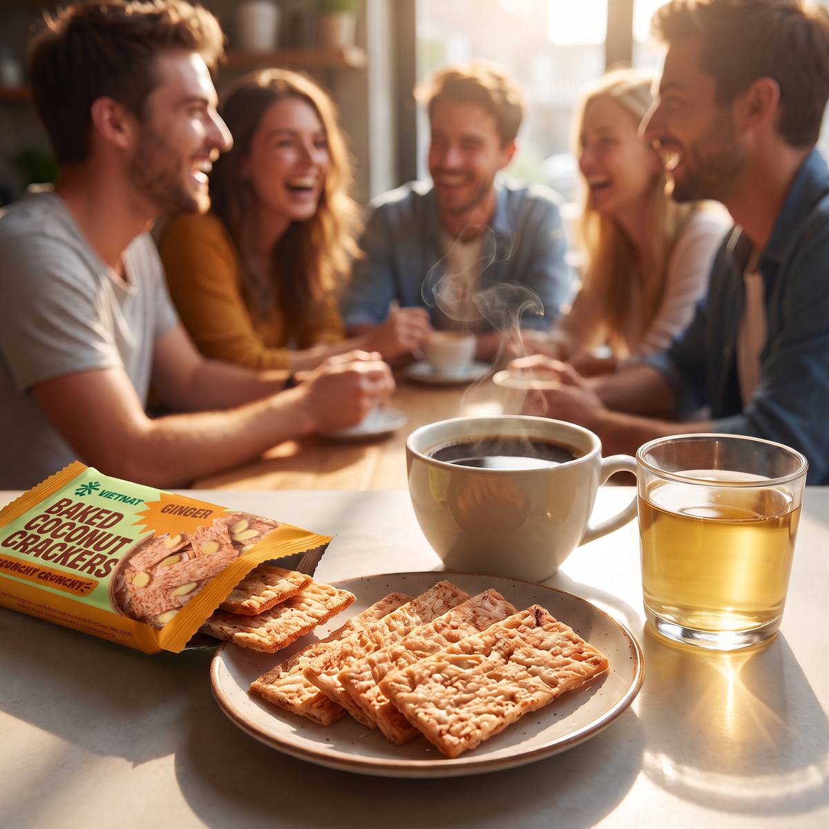 Friends sharing VietNat Baked Coconut Crackers with coffee and tea