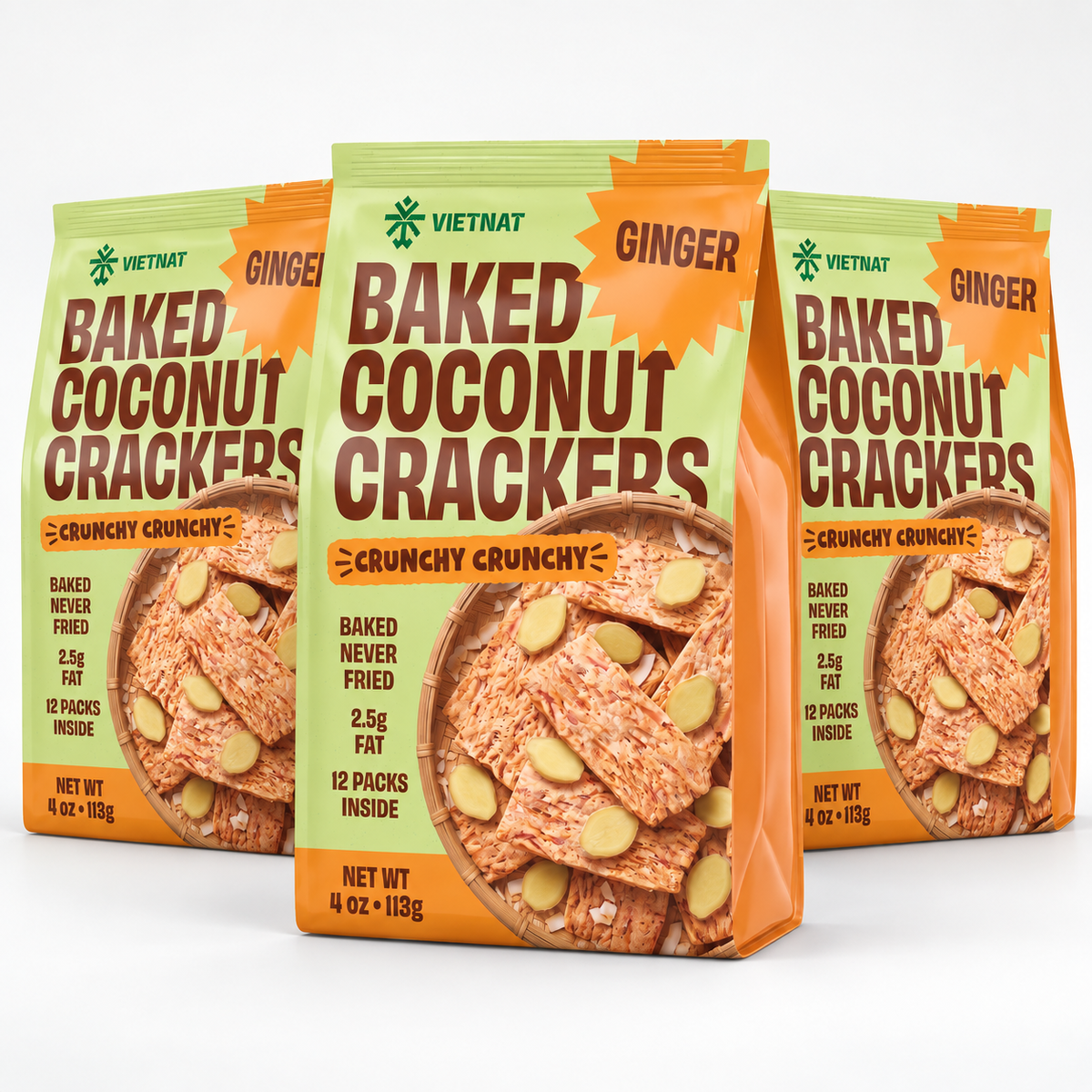 VietNat Baked Coconut Crackers Ginger, 3-bag bundle, 12 oz total