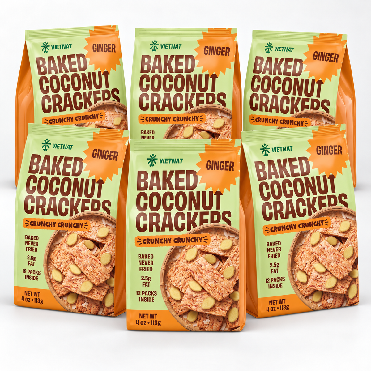 VietNat Baked Coconut Crackers Ginger, 6-bag bundle, 24 oz total