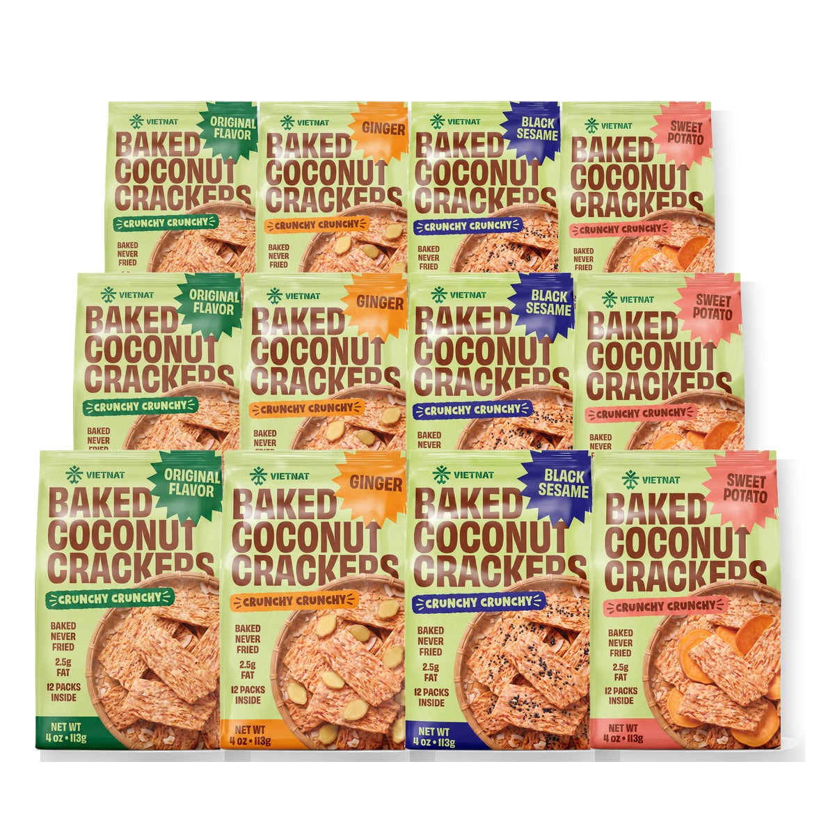 Baked Coconut Crackers — 12 bags, three of each flavor