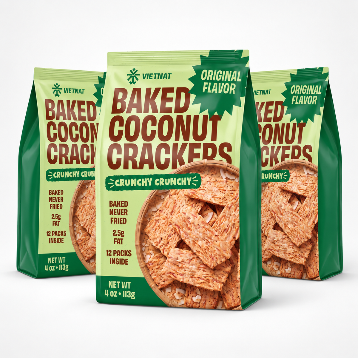 VietNat Baked Coconut Crackers Original, 3-bag bundle, 12 oz total