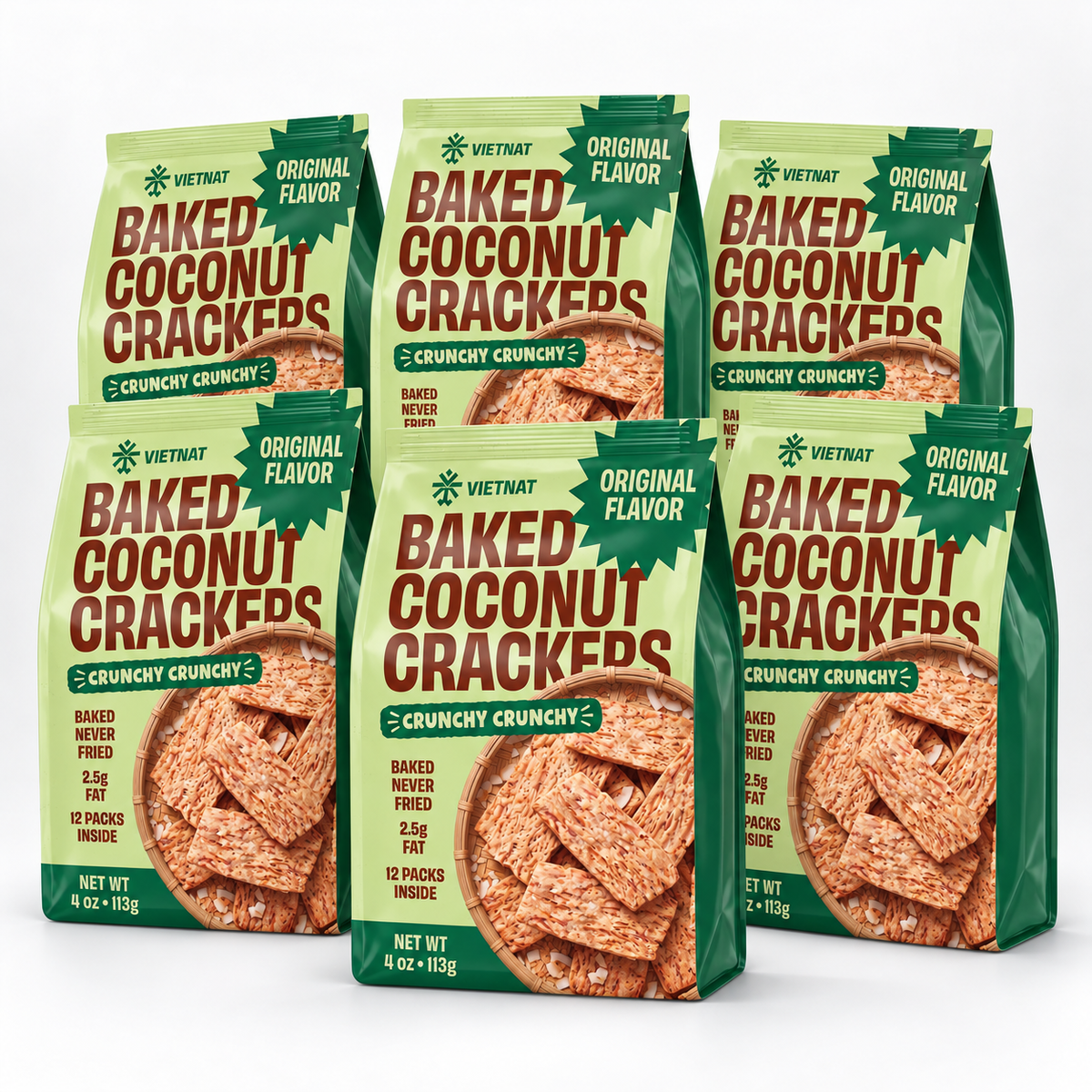 VietNat Baked Coconut Crackers Original, 6-bag bundle, 24 oz total