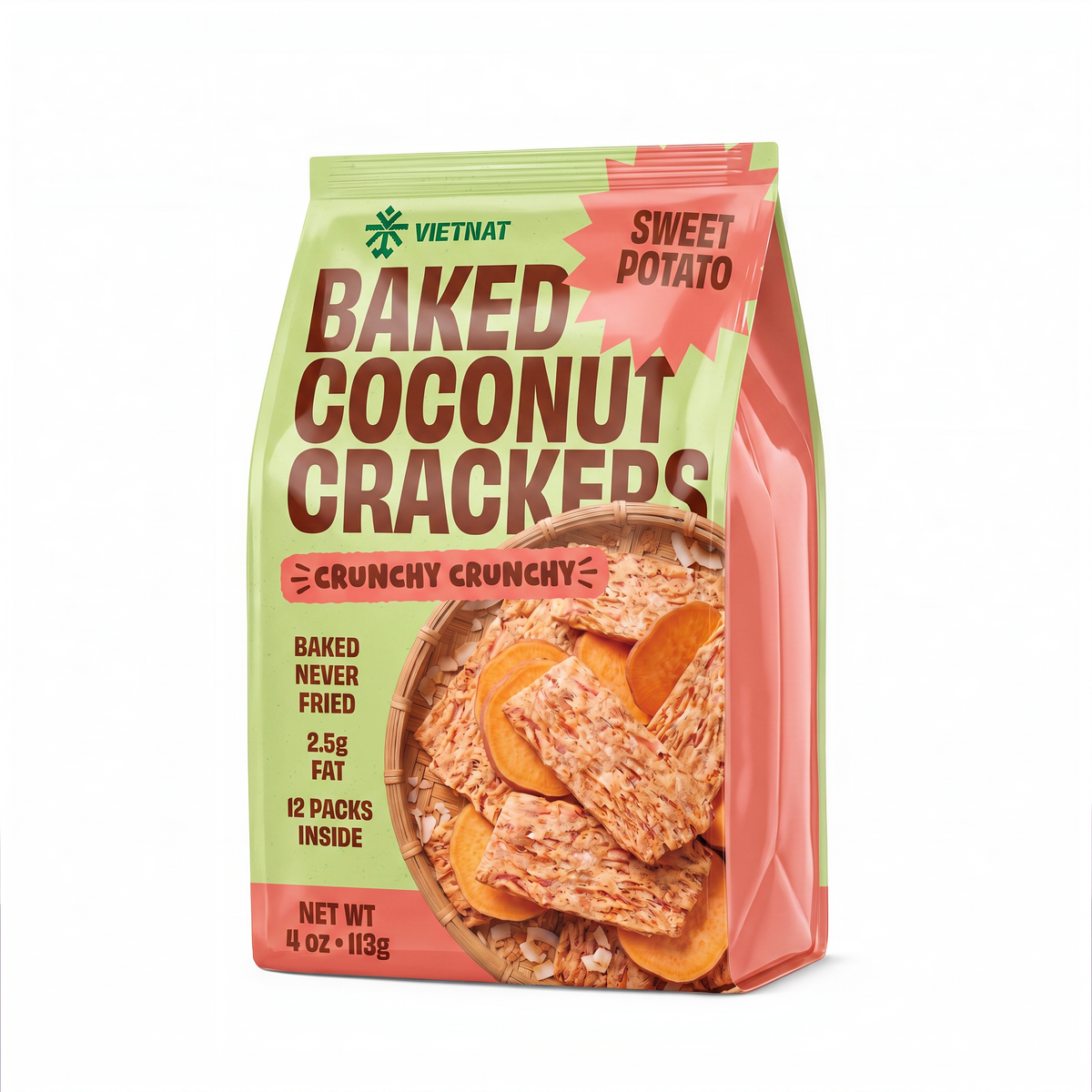 VietNat Baked Coconut Crackers Sweet Potato 4 oz bag, angled view