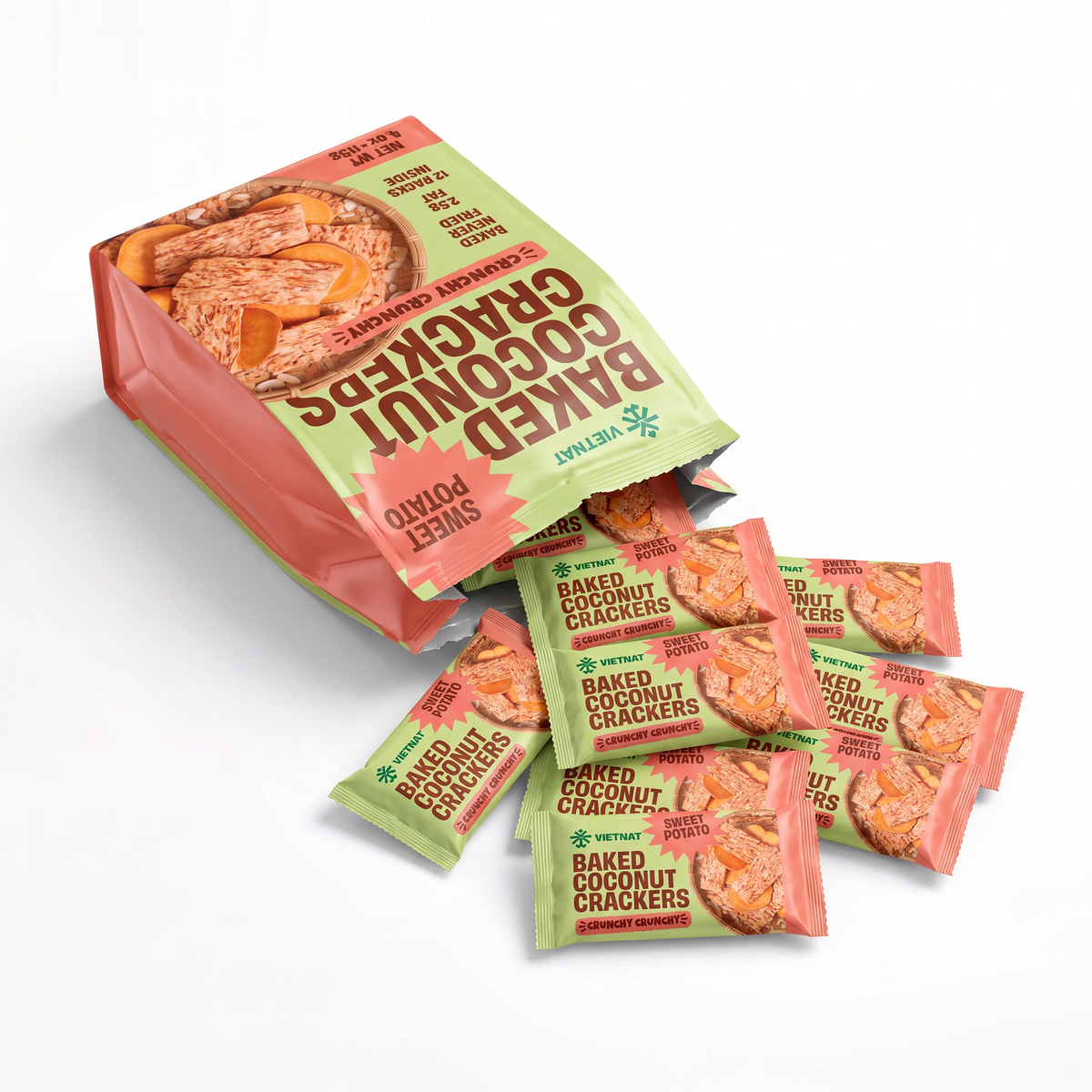 Twelve individually wrapped snack packs spilling from the Sweet Potato box