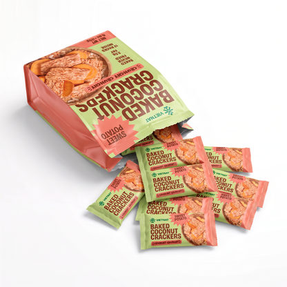 Twelve individually wrapped snack packs spilling from the Sweet Potato box