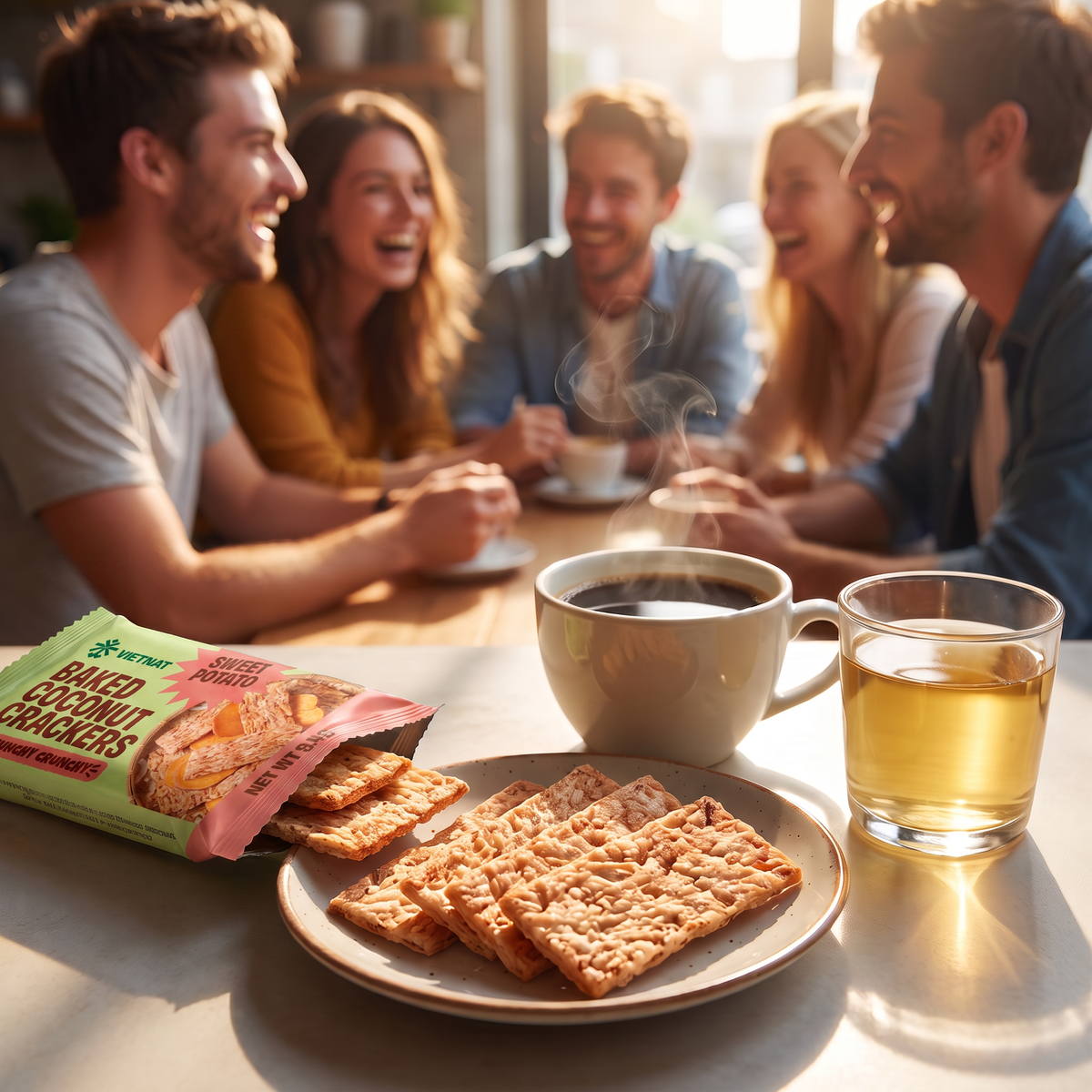 Friends sharing VietNat Baked Coconut Crackers with coffee and tea