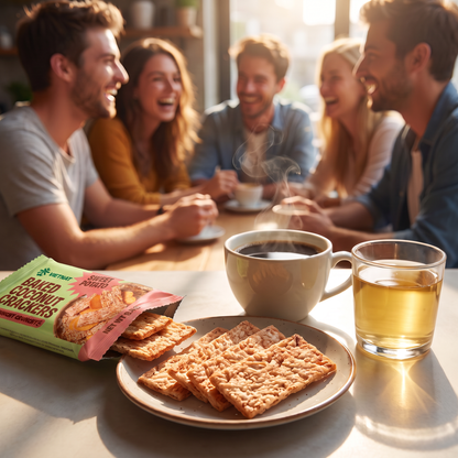 Friends sharing VietNat Baked Coconut Crackers with coffee and tea