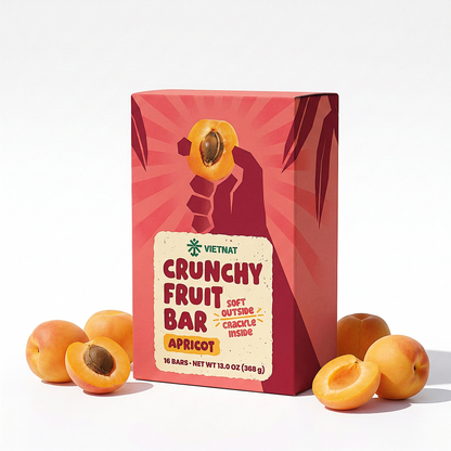 Crunchy Fruit Bar Apricot box of 16 bars next to fresh apricots