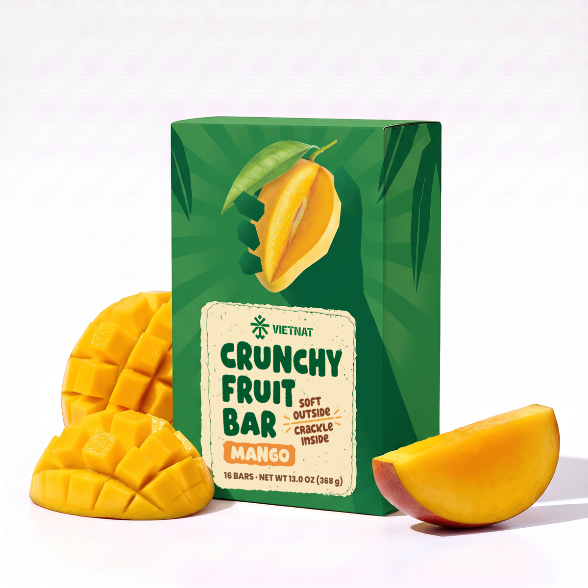 Crunchy Fruit Bar Mango box of 16 bars next to fresh mango