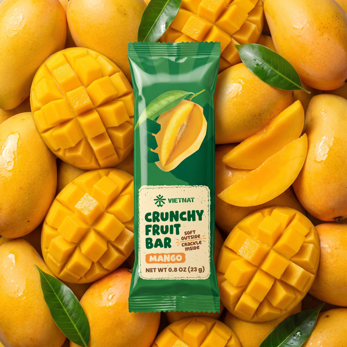 Crunchy Fruit Bar Mango wrapper on a pile of ripe mangoes