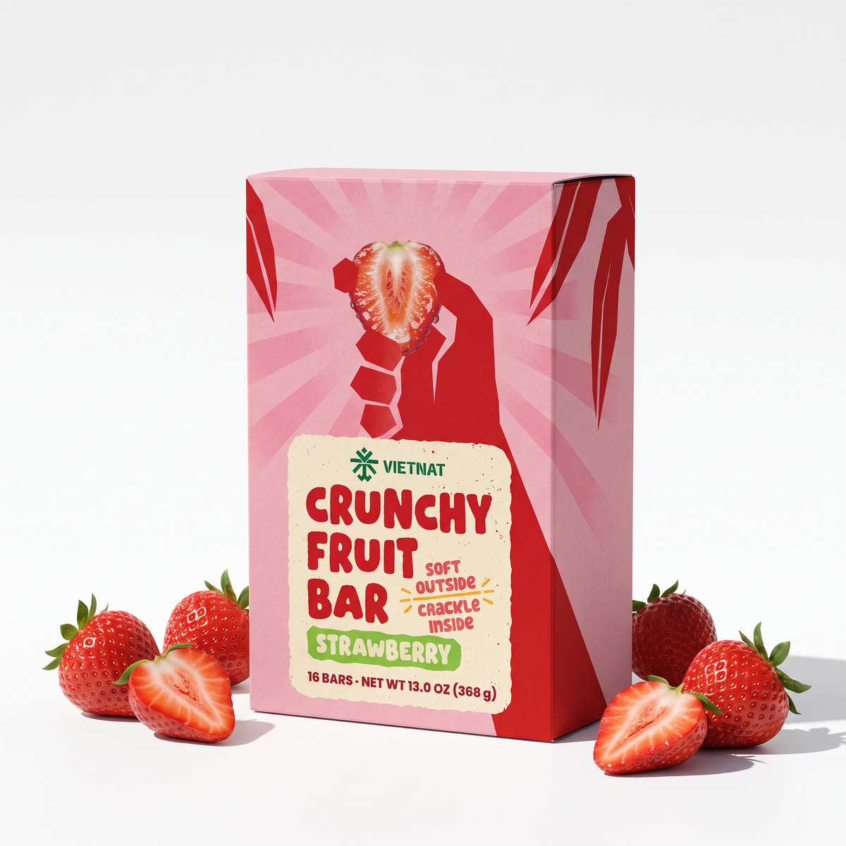 Crunchy Fruit Bar Strawberry box of 16 bars next to fresh strawberries