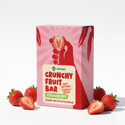 Crunchy Fruit Bar Strawberry box of 16 bars next to fresh strawberries